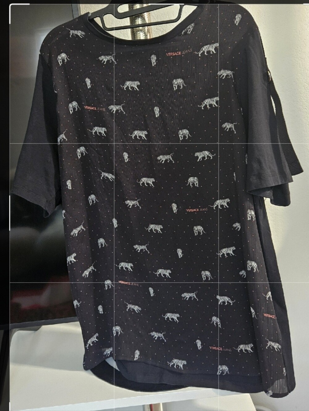 Versace Shirt Women Jeans Black Tee with White Tiger Motifs, Red Logo Accents